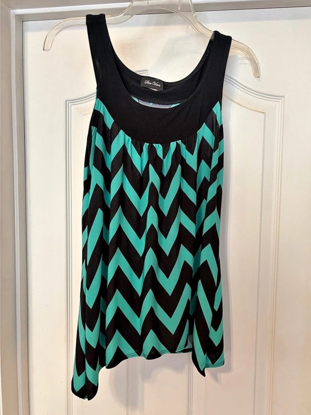 Geometric Chevron Tank Top Blouse in Black & Turquoise